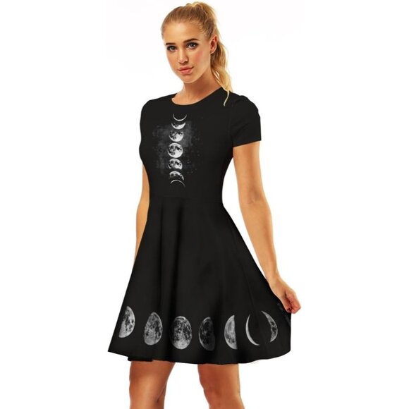 Women's 3D Moon Print Short Sleeve Casual Flared Swing Black Midi Dress - Picture 4 of 6